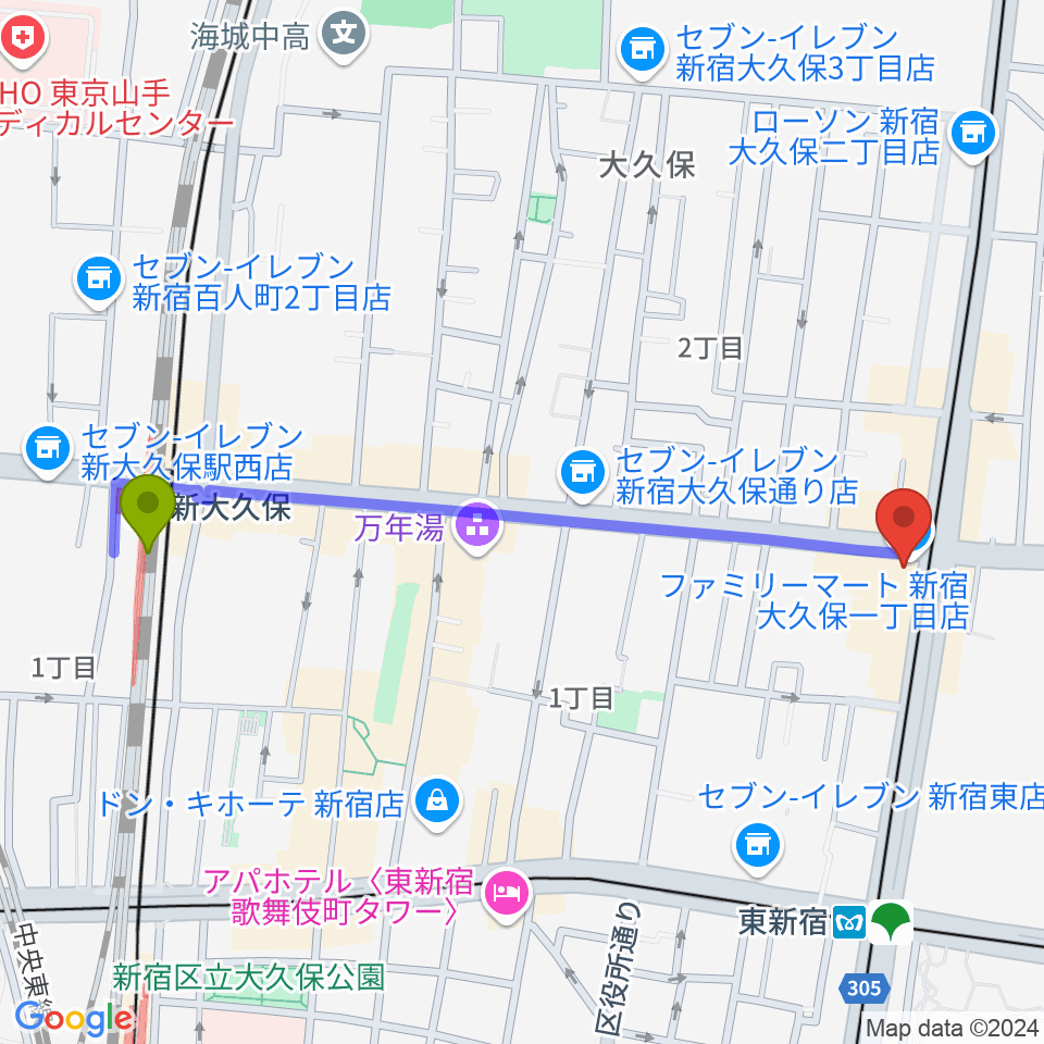 新大久保駅からアトリエファンファーレ東新宿へのルートマップ地図