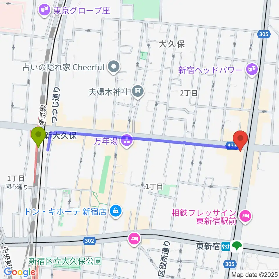 新大久保駅からアトリエファンファーレ東新宿へのルートマップ地図