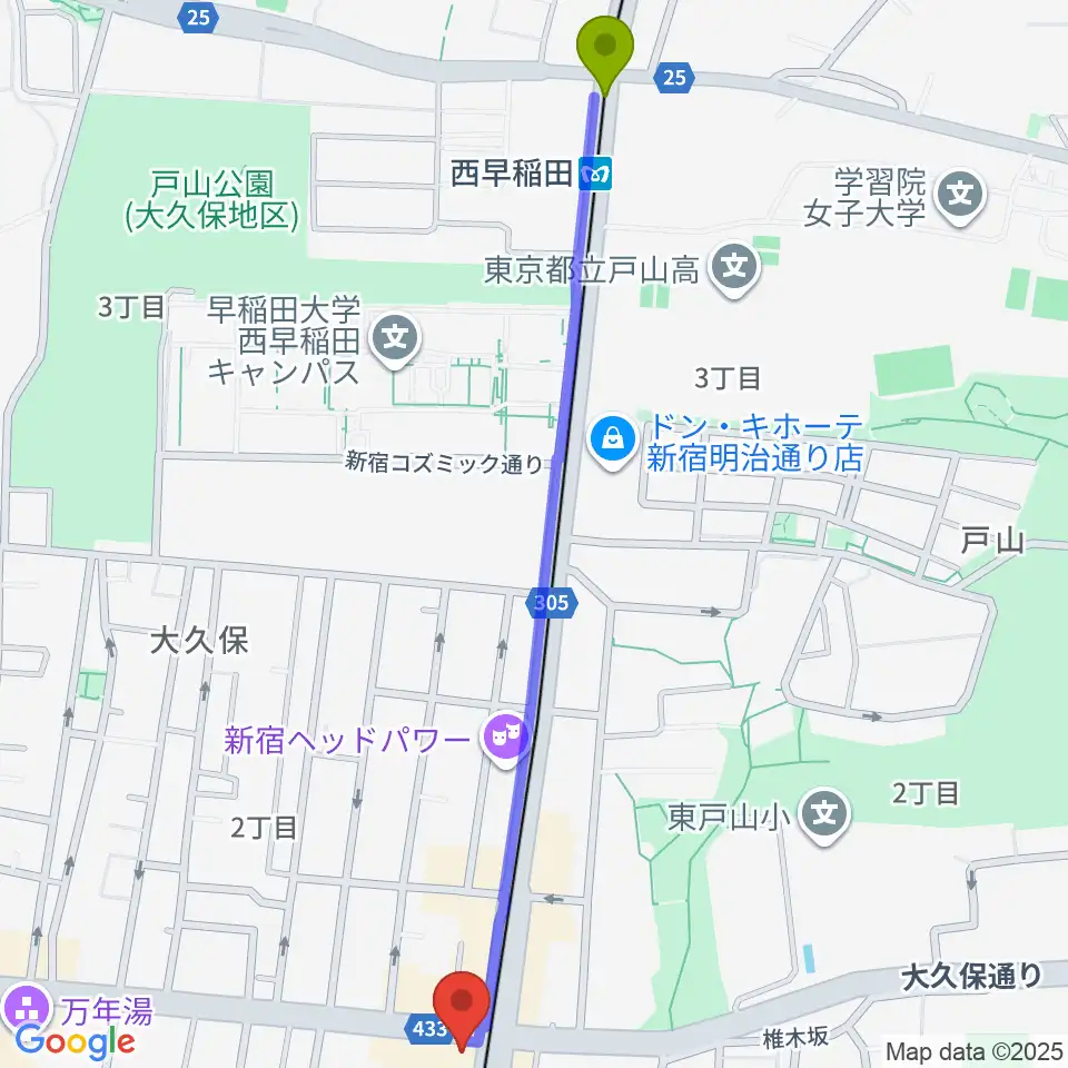 西早稲田駅からアトリエファンファーレ東新宿へのルートマップ地図