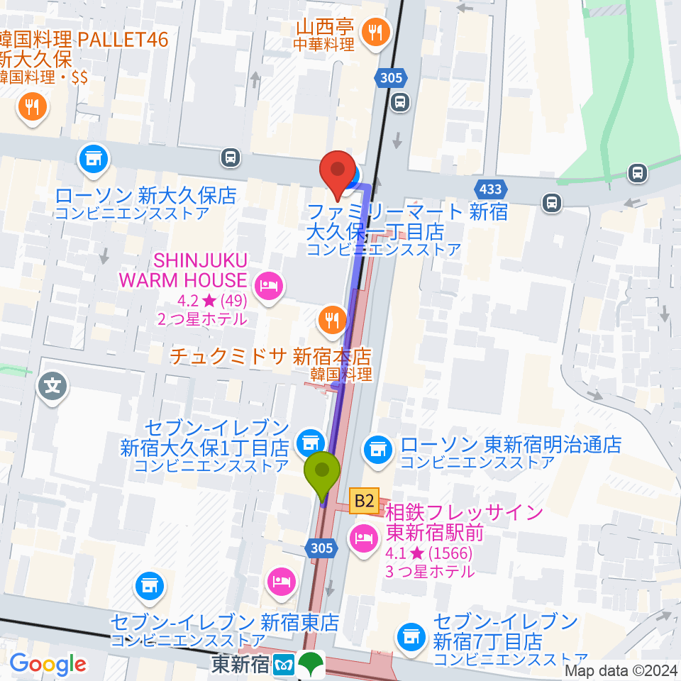 アトリエファンファーレ東新宿の最寄駅東新宿駅からの徒歩ルート（約3分）地図