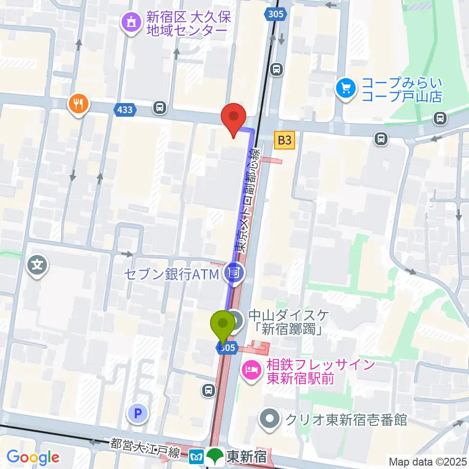 アトリエファンファーレ東新宿の最寄駅東新宿駅からの徒歩ルート（約3分）地図