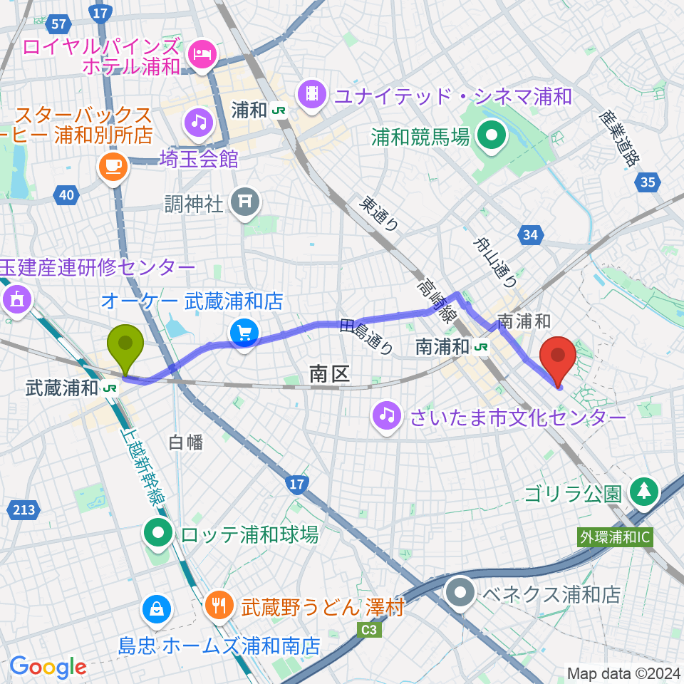 武蔵浦和駅からFREE SPACE ALIVEへのルートマップ地図