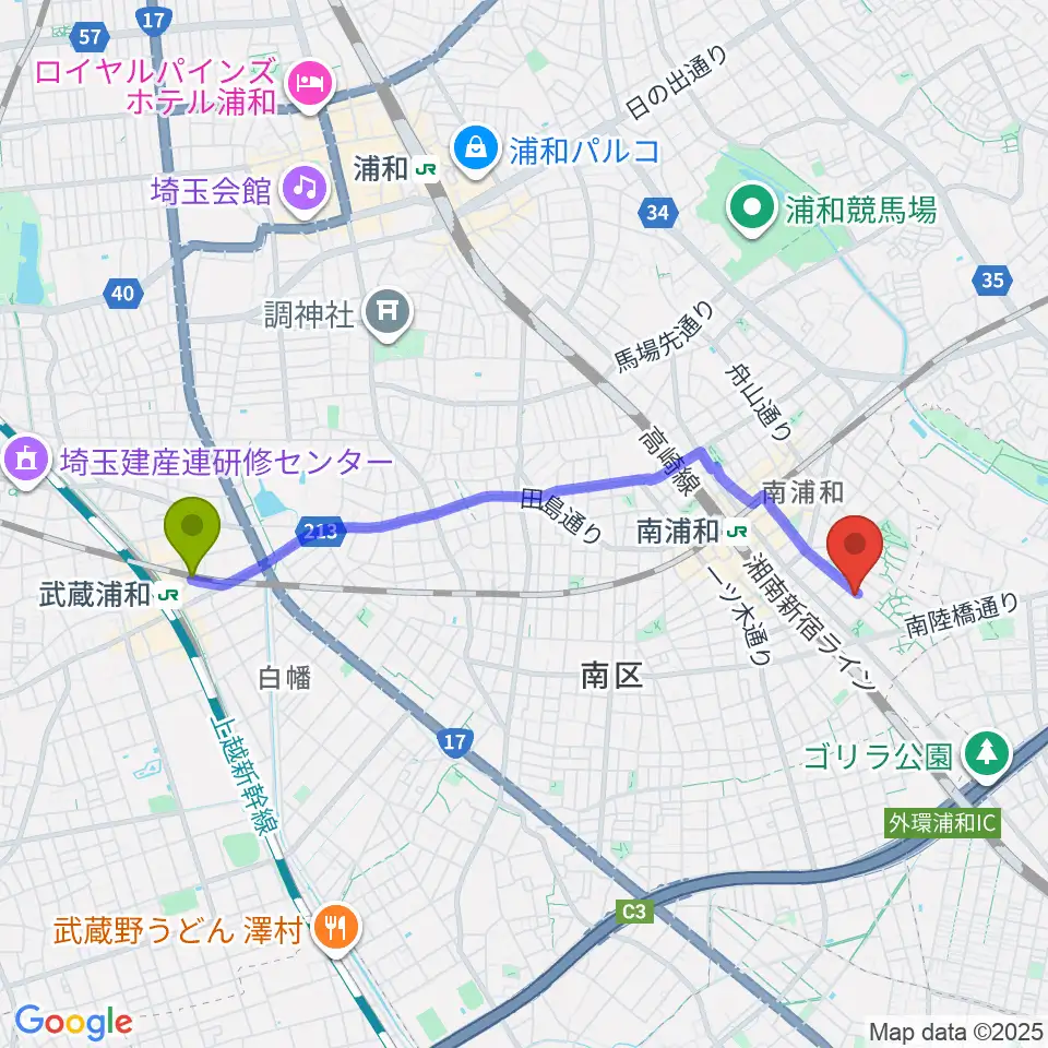 武蔵浦和駅からFREE SPACE ALIVEへのルートマップ地図