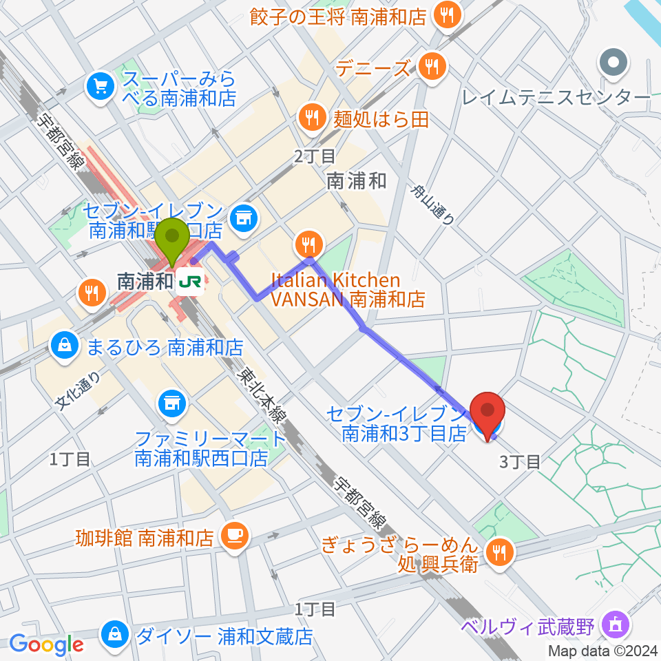 FREE SPACE ALIVEの最寄駅南浦和駅からの徒歩ルート（約8分）地図