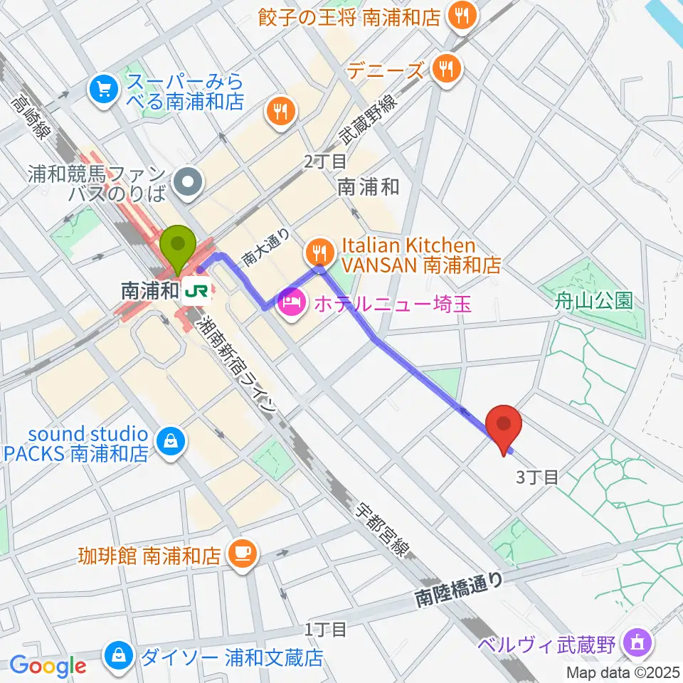 FREE SPACE ALIVEの最寄駅南浦和駅からの徒歩ルート（約8分）地図