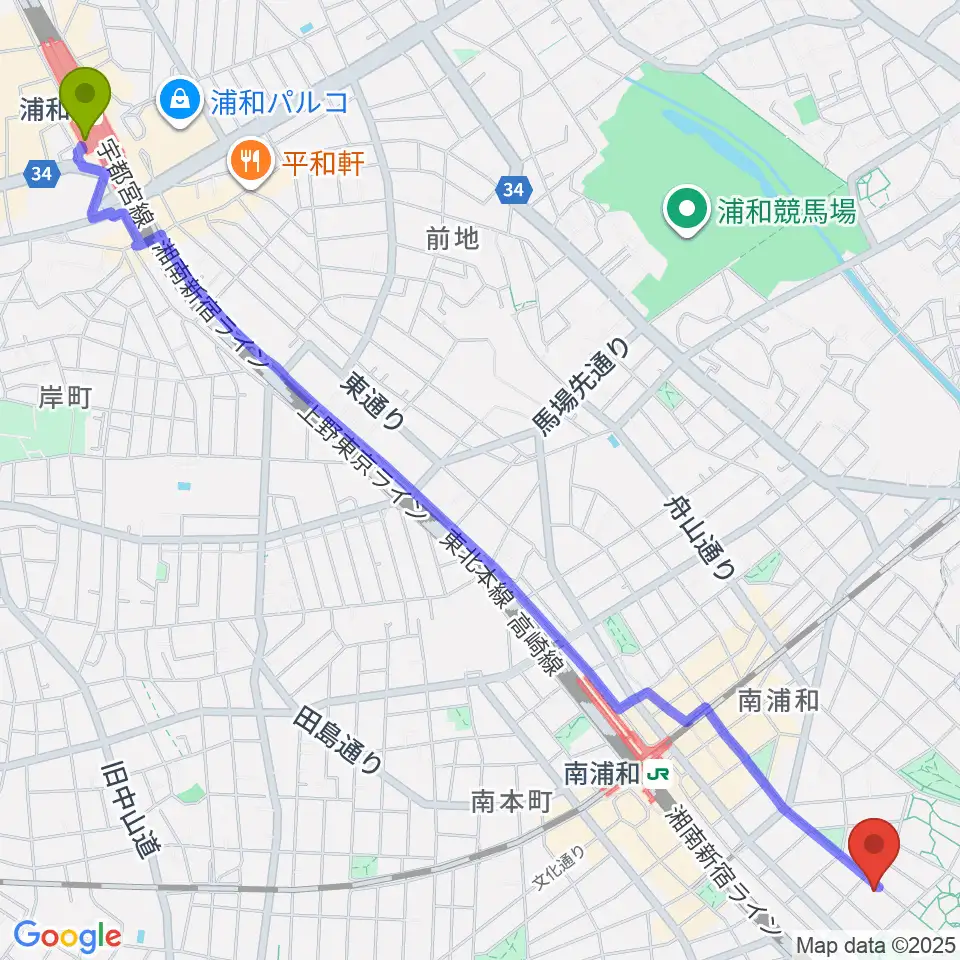 浦和駅からFREE SPACE ALIVEへのルートマップ地図