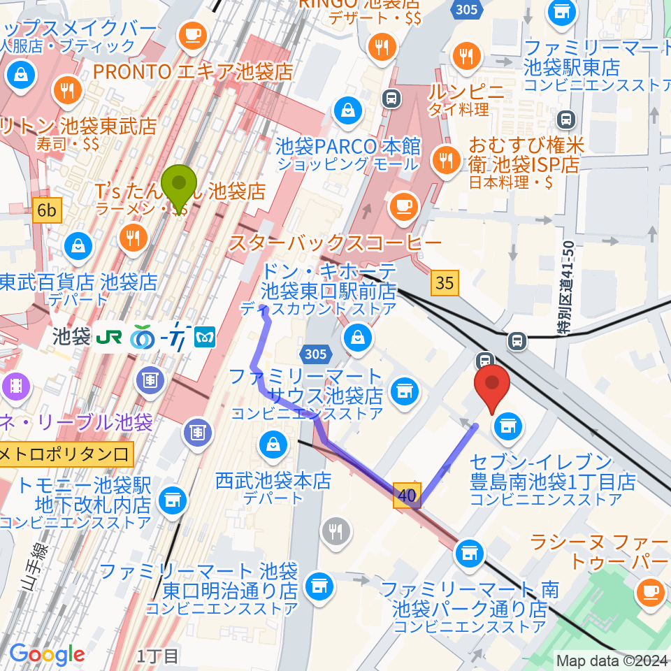 池袋オクターヴハウスの最寄駅池袋駅からの徒歩ルート（約4分）地図