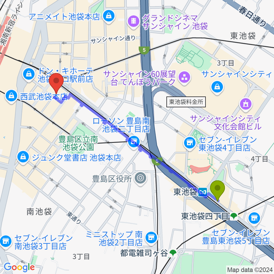 東池袋駅から池袋オクターヴハウスへのルートマップ地図