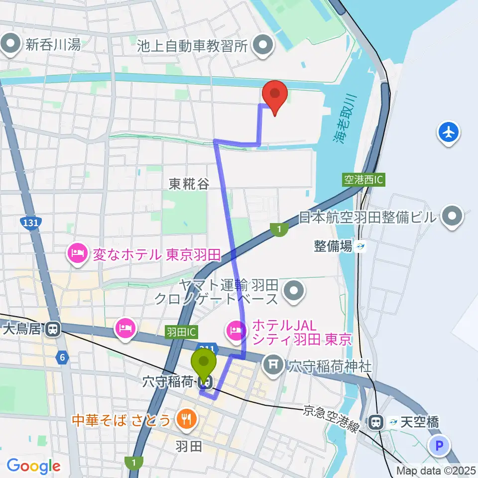 穴守稲荷駅から羽田スタジオへのルートマップ地図