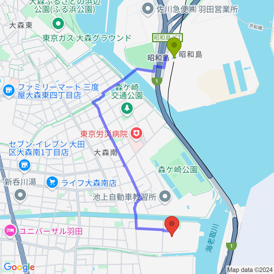 昭和島駅から羽田スタジオへのルートマップ地図