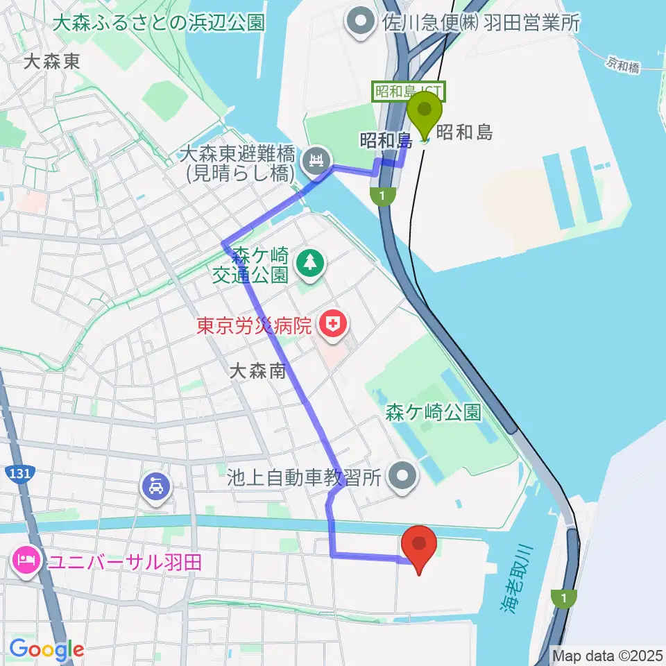 昭和島駅から羽田スタジオへのルートマップ地図