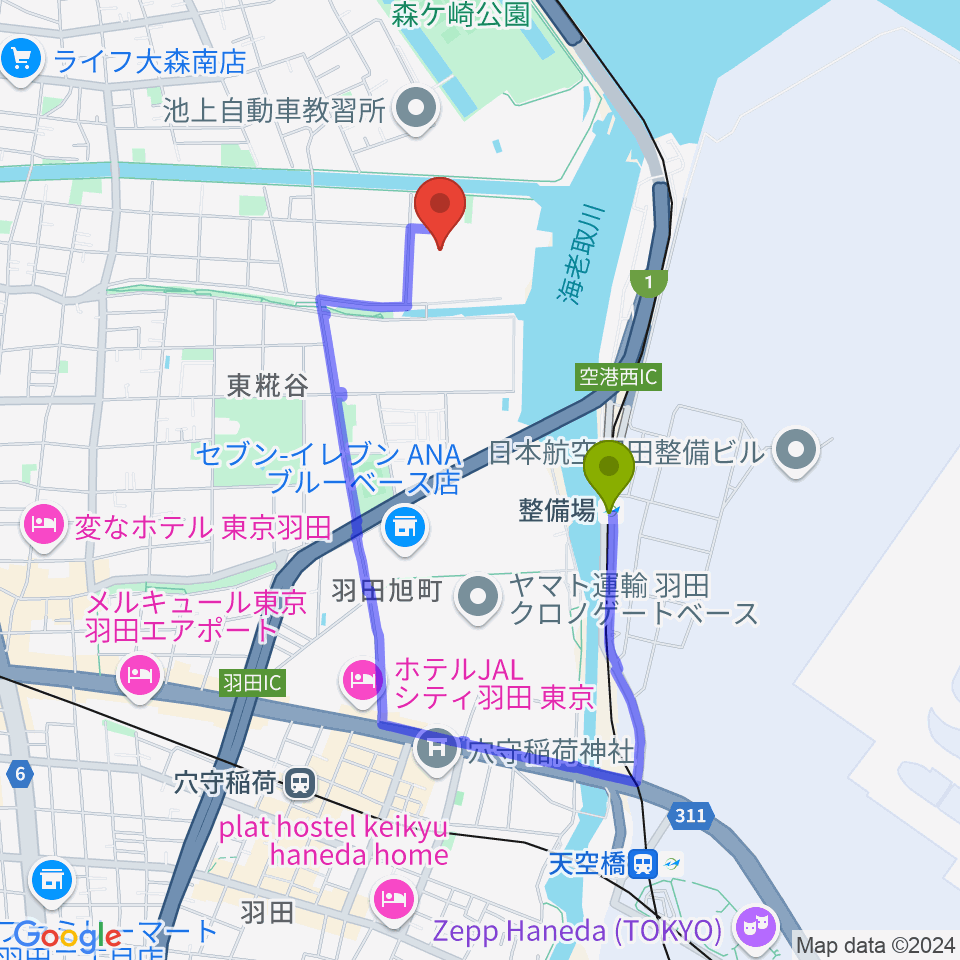 羽田スタジオの最寄駅整備場駅からの徒歩ルート（約10分）地図