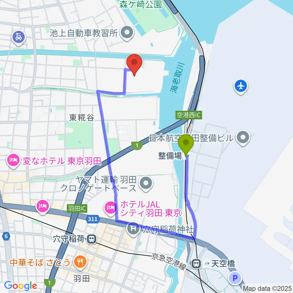 羽田スタジオの最寄駅整備場駅からの徒歩ルート（約10分）地図