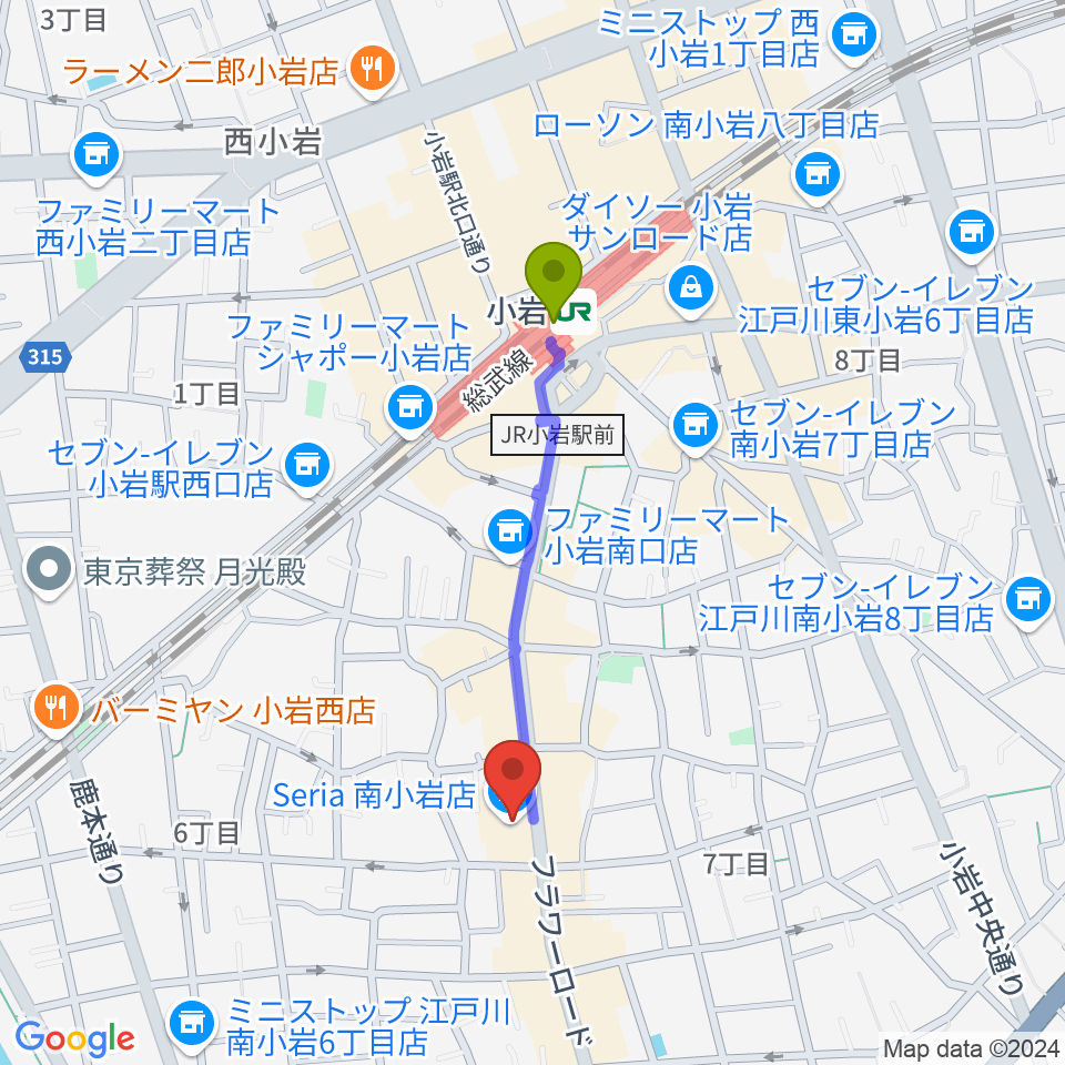 南小岩バッハザールの最寄駅小岩駅からの徒歩ルート（約7分）地図