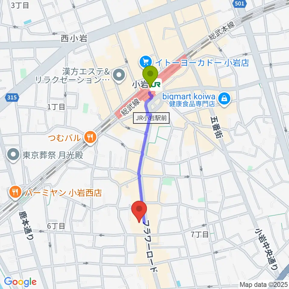 南小岩バッハザールの最寄駅小岩駅からの徒歩ルート（約7分）地図