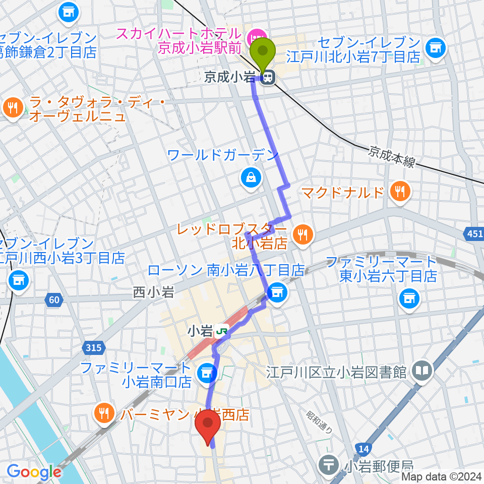 京成小岩駅から南小岩バッハザールへのルートマップ地図