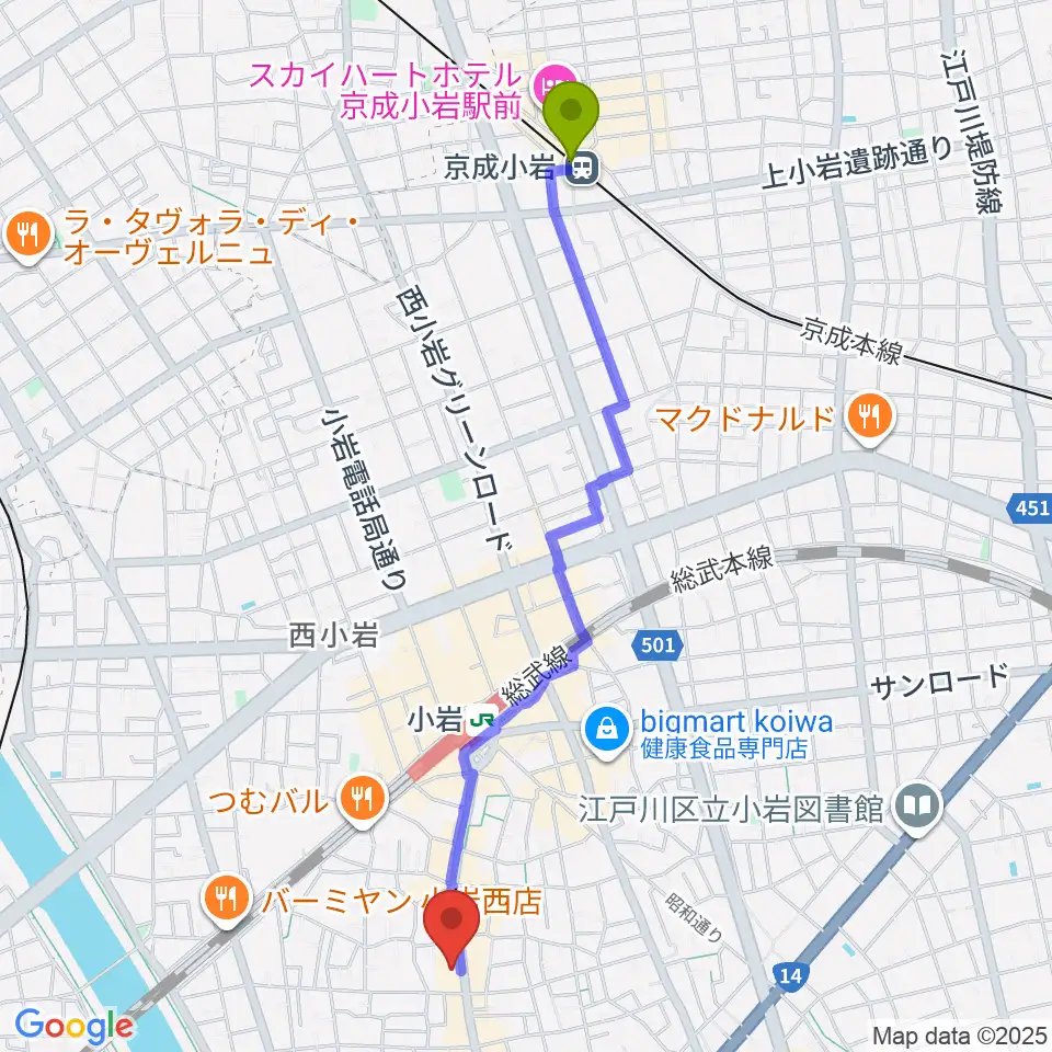 京成小岩駅から南小岩バッハザールへのルートマップ地図