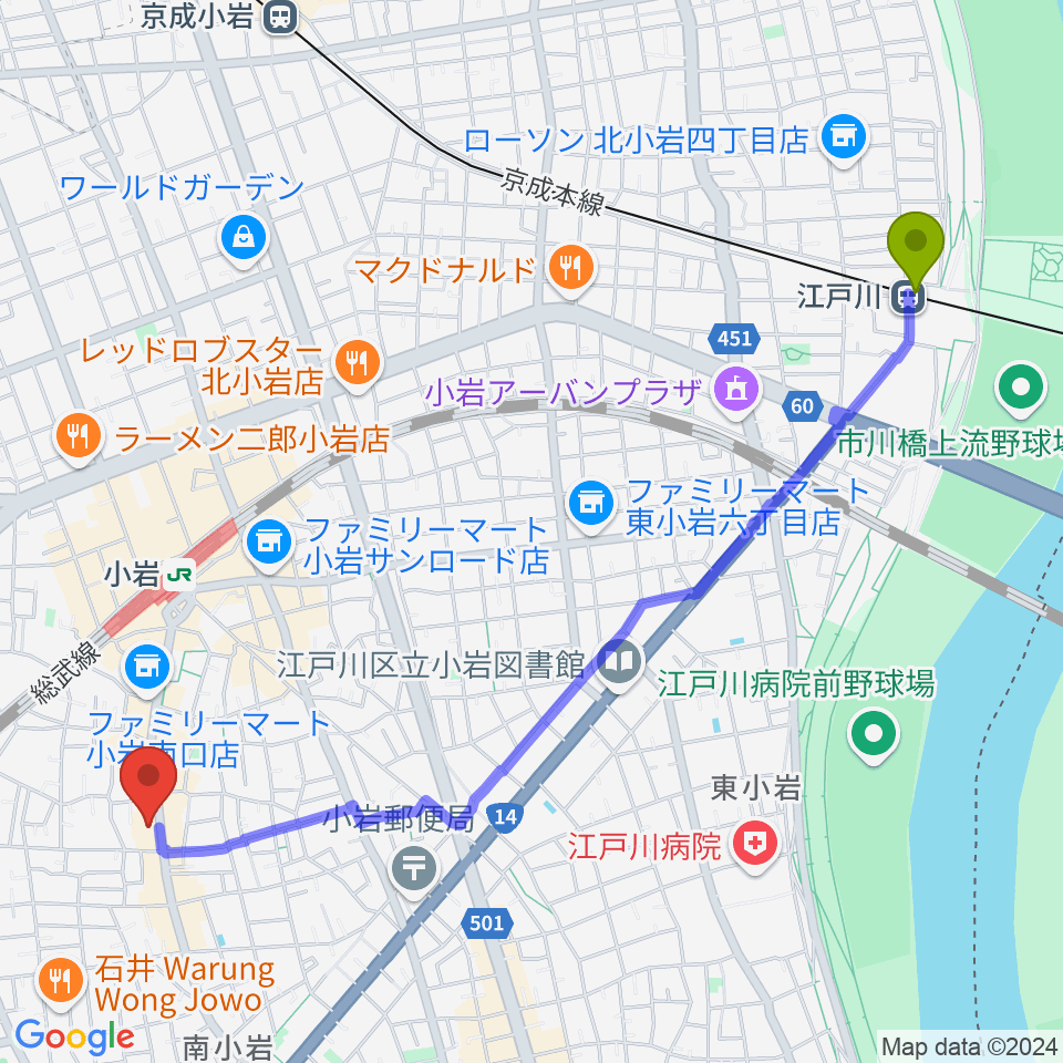 江戸川駅から南小岩バッハザールへのルートマップ地図