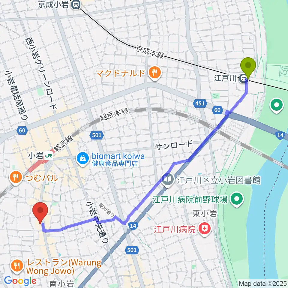 江戸川駅から南小岩バッハザールへのルートマップ地図