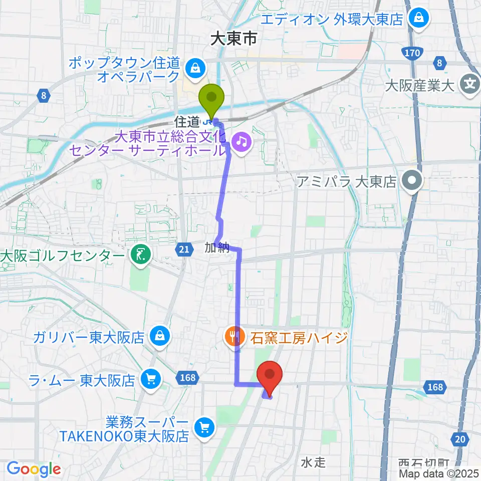 住道駅からスタジオDMPへのルートマップ地図