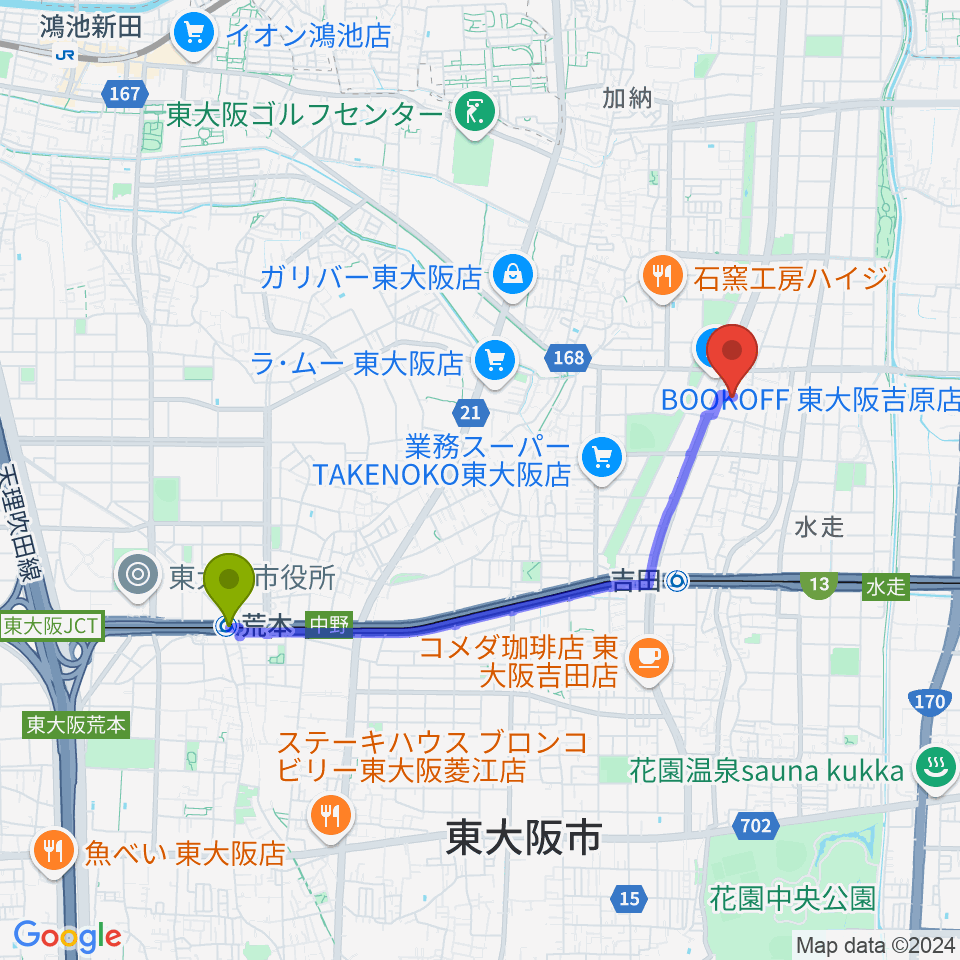 荒本駅からスタジオDMPへのルートマップ地図