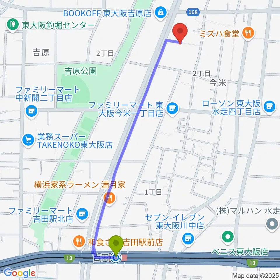 スタジオDMPの最寄駅吉田駅からの徒歩ルート（約12分）地図