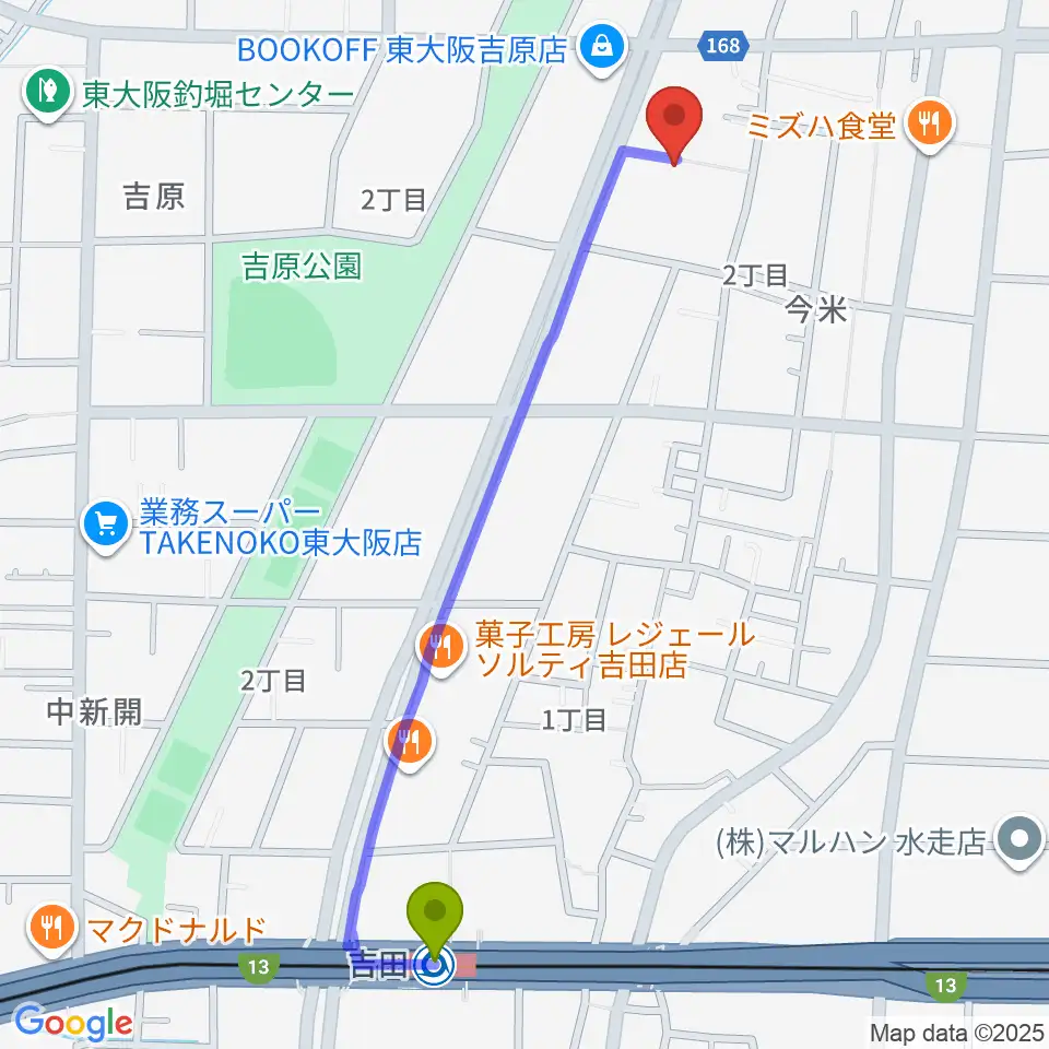 スタジオDMPの最寄駅吉田駅からの徒歩ルート（約12分）地図