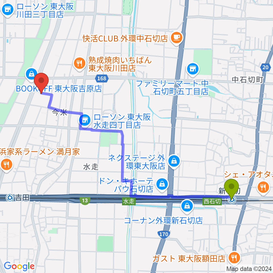 新石切駅からスタジオDMPへのルートマップ地図