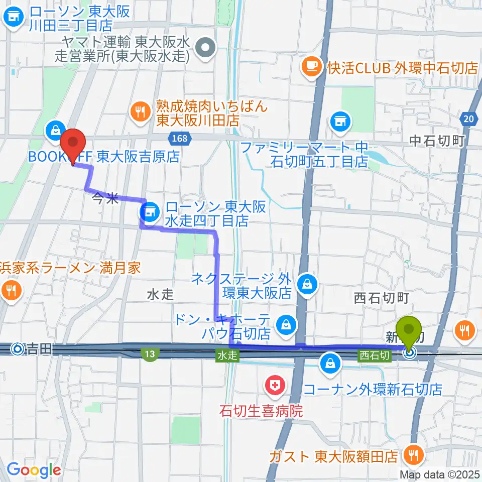 新石切駅からスタジオDMPへのルートマップ地図