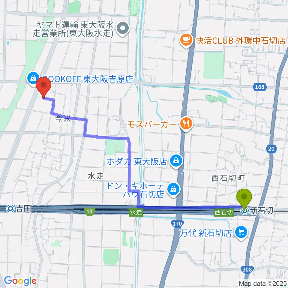 新石切駅からスタジオDMPへのルートマップ地図