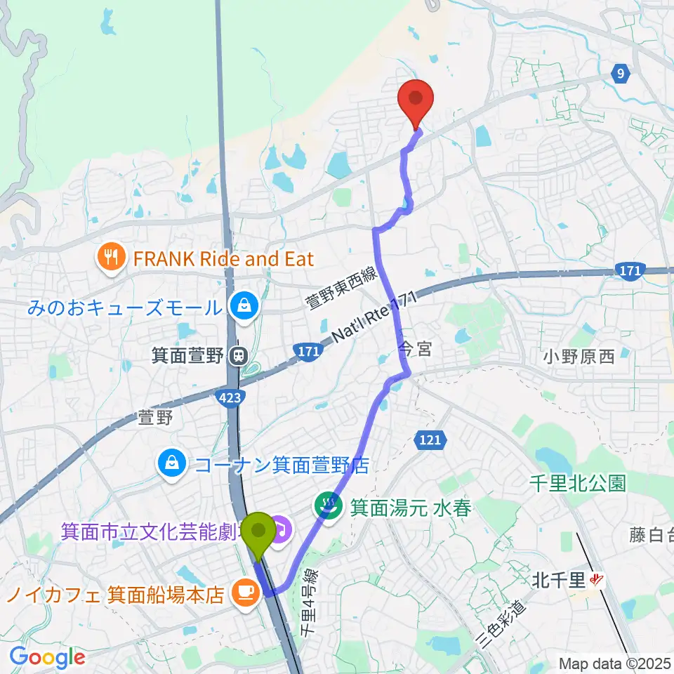 箕面船場阪大前駅から西尾ピアノ教室へのルートマップ地図