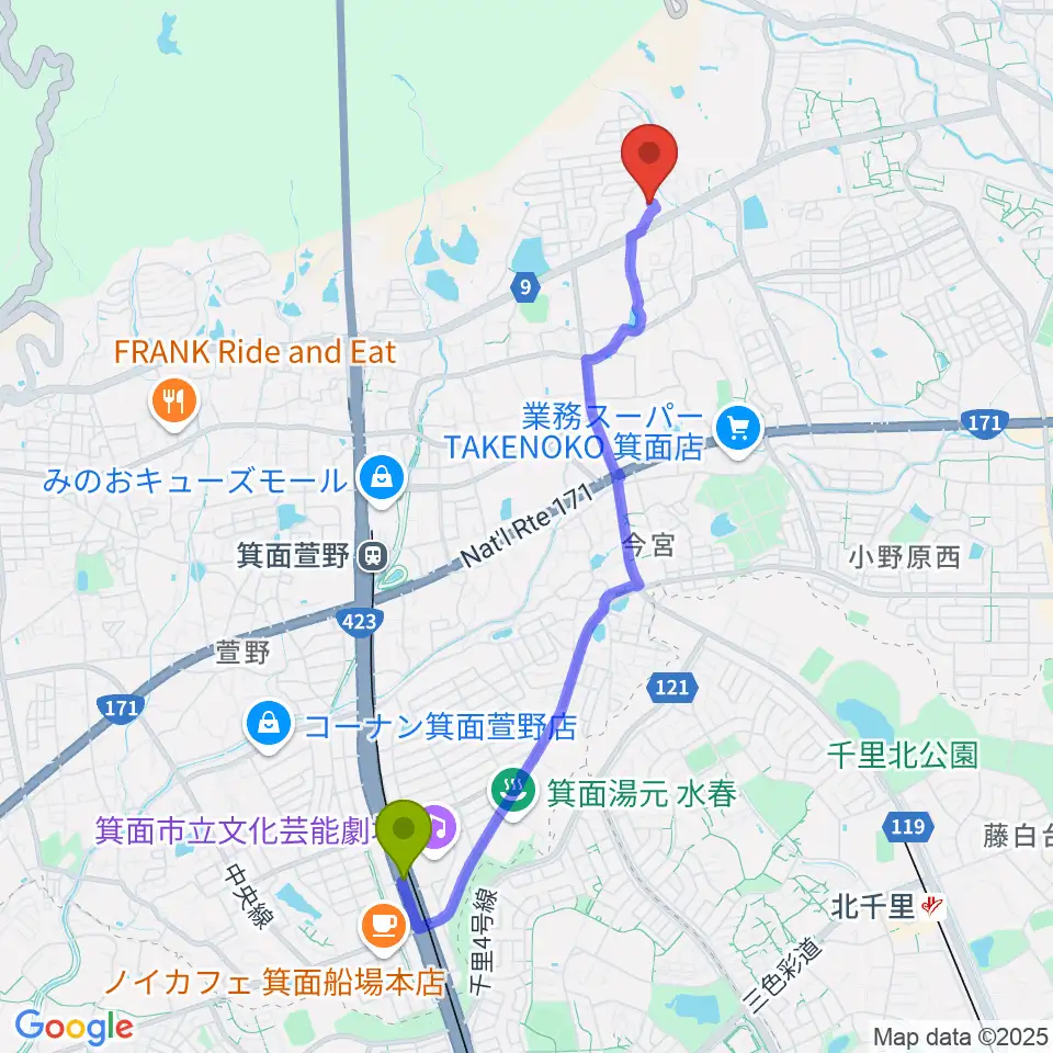箕面船場阪大前駅から西尾ピアノ教室へのルートマップ地図