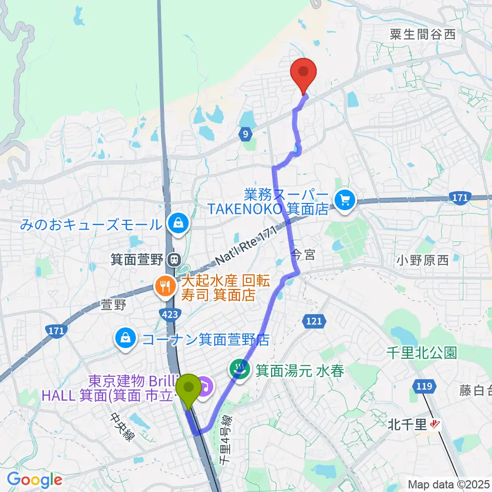 箕面船場阪大前駅から西尾ピアノ教室へのルートマップ地図