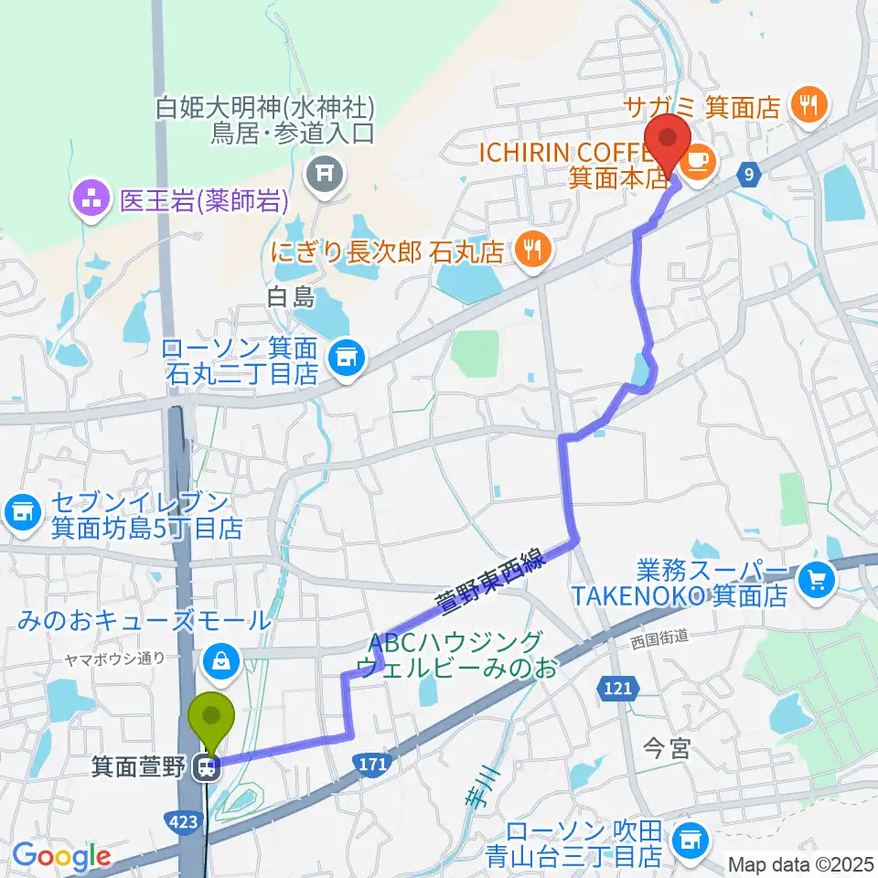 西尾ピアノ教室の最寄駅箕面萱野駅からの徒歩ルート（約26分）地図