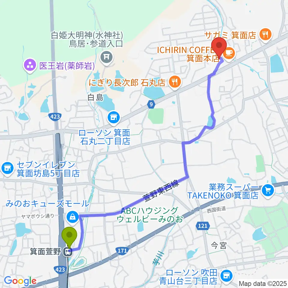 西尾ピアノ教室の最寄駅箕面萱野駅からの徒歩ルート（約26分）地図