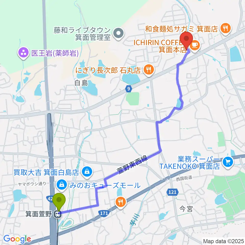 西尾ピアノ教室の最寄駅箕面萱野駅からの徒歩ルート（約26分）地図
