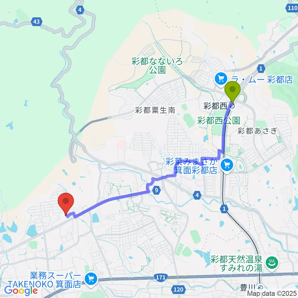 彩都西駅から西尾ピアノ教室へのルートマップ地図