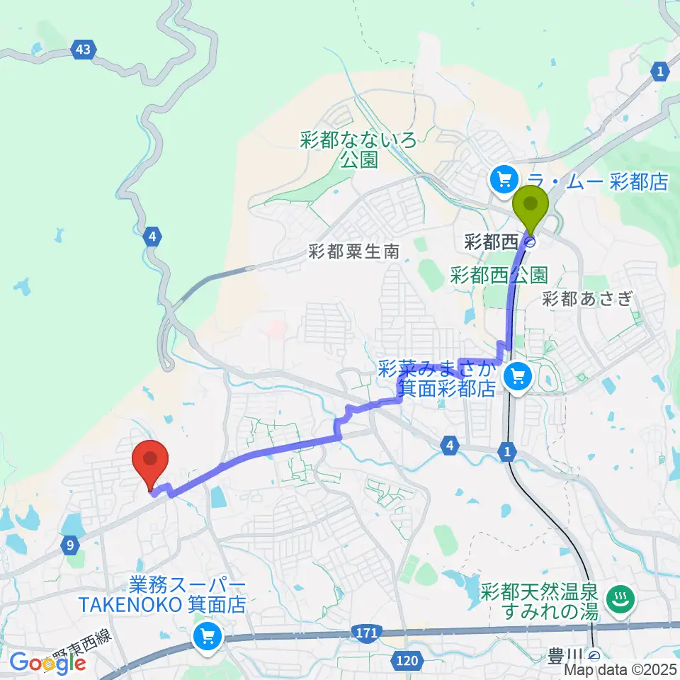 彩都西駅から西尾ピアノ教室へのルートマップ地図