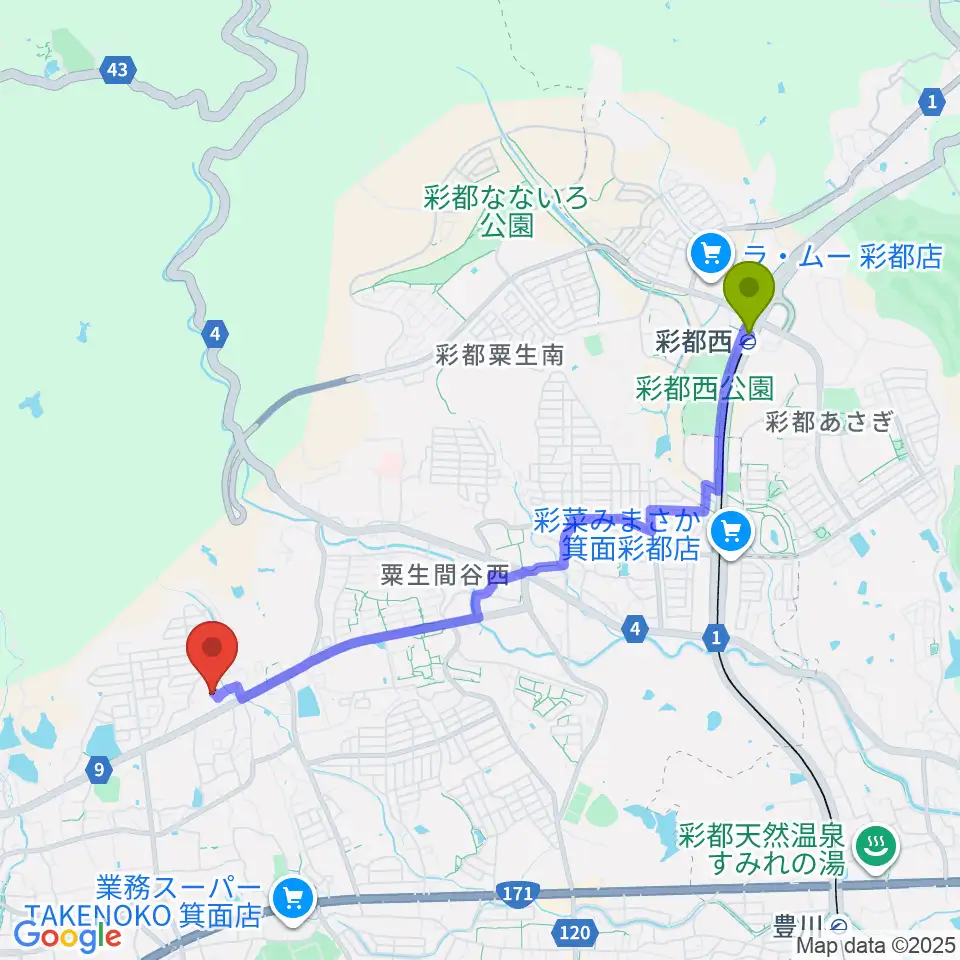 彩都西駅から西尾ピアノ教室へのルートマップ地図