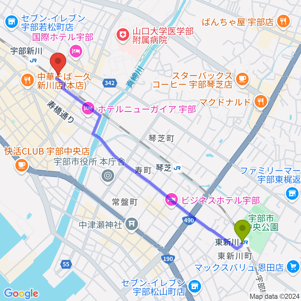 東新川駅から宇部市文化会館へのルートマップ地図