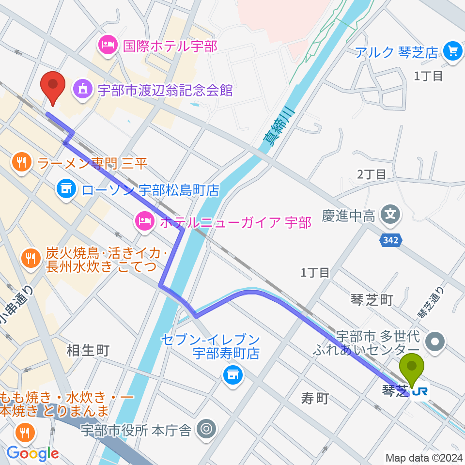 琴芝駅から宇部市文化会館へのルートマップ地図