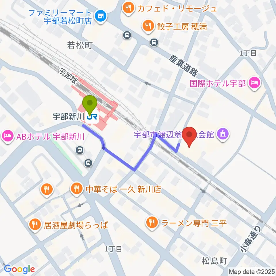 宇部市文化会館の最寄駅宇部新川駅からの徒歩ルート（約3分）地図