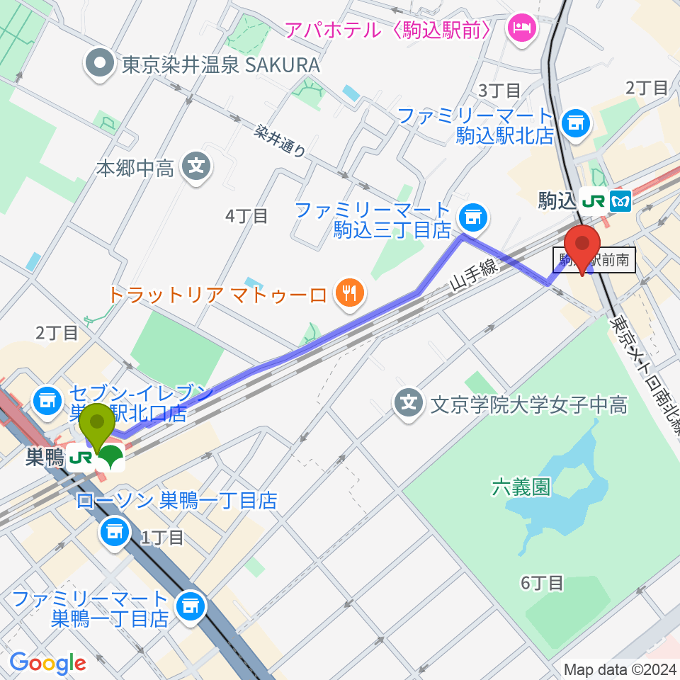 巣鴨駅からムラーラミュージックオフィスへのルートマップ地図