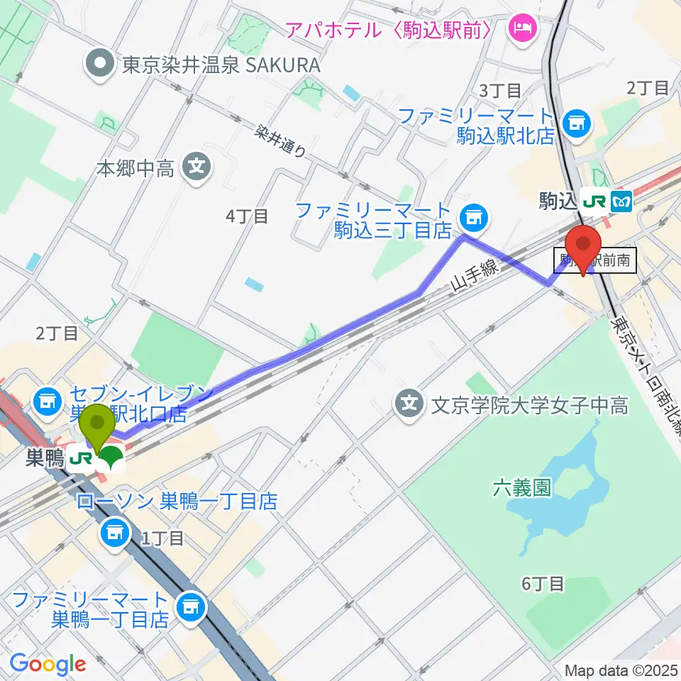 巣鴨駅からムラーラミュージックオフィスへのルートマップ地図