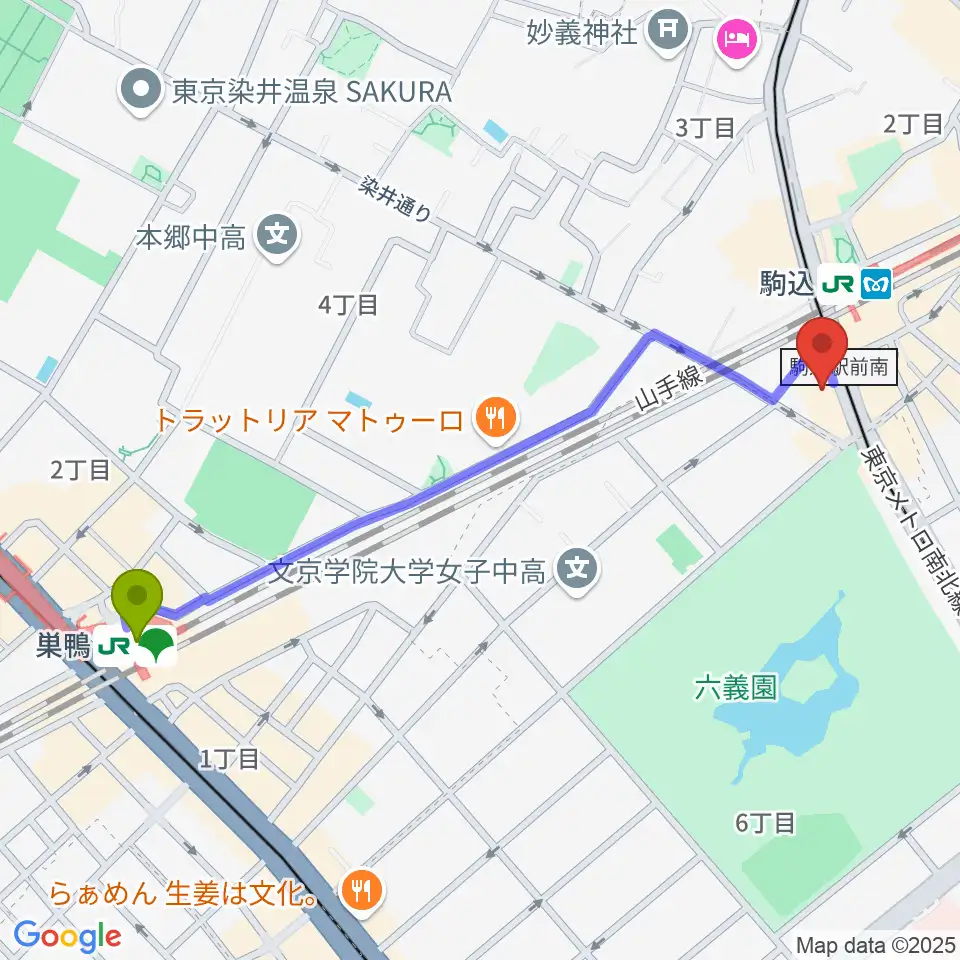 巣鴨駅からムラーラミュージックオフィスへのルートマップ地図