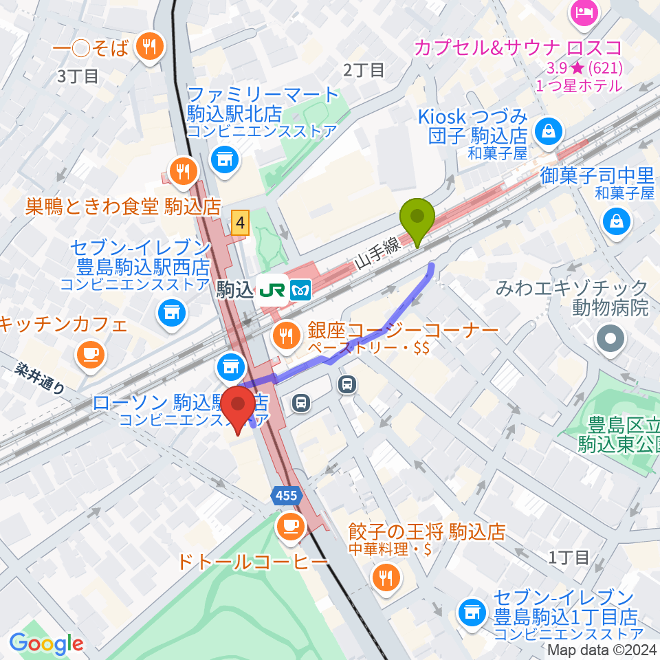 ムラーラミュージックオフィスの最寄駅駒込駅からの徒歩ルート（約3分）地図