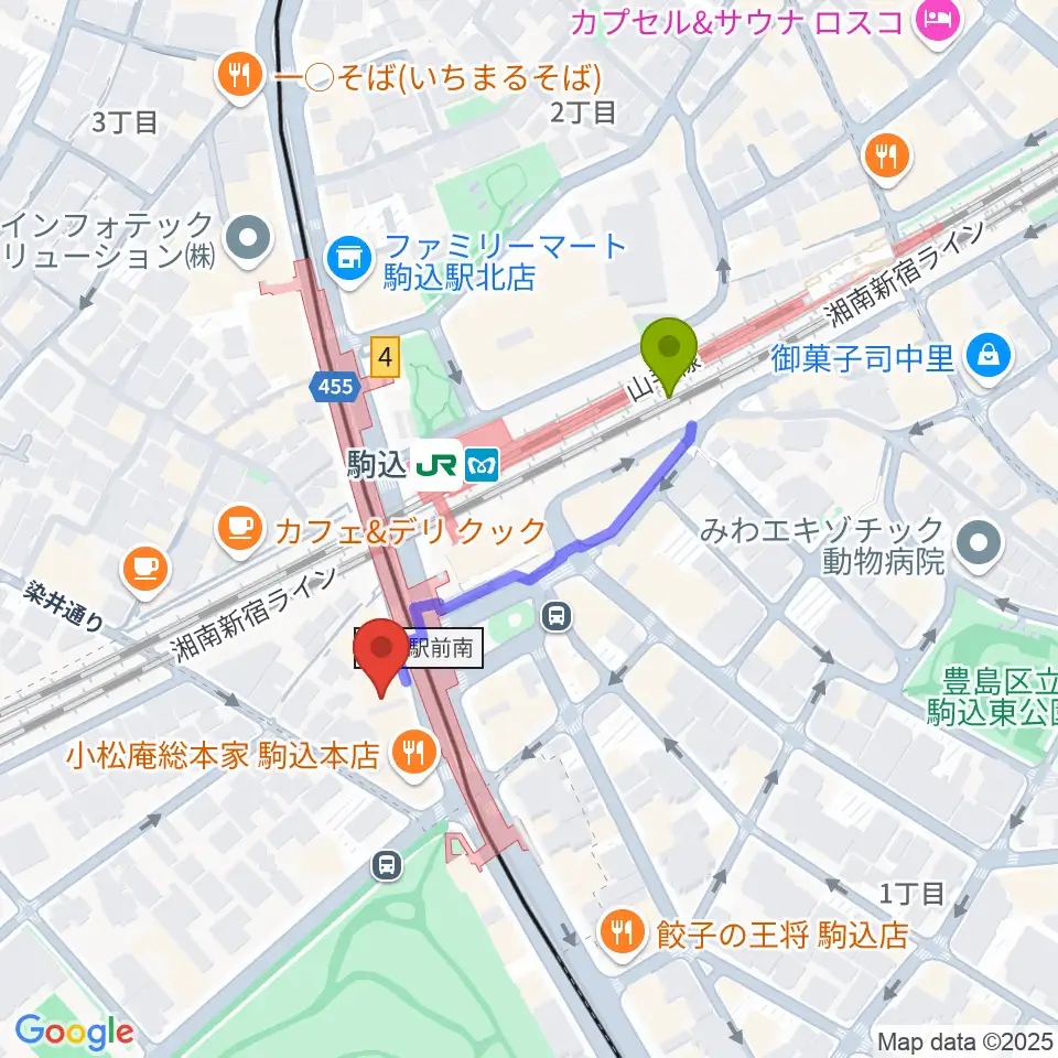 ムラーラミュージックオフィスの最寄駅駒込駅からの徒歩ルート（約3分）地図