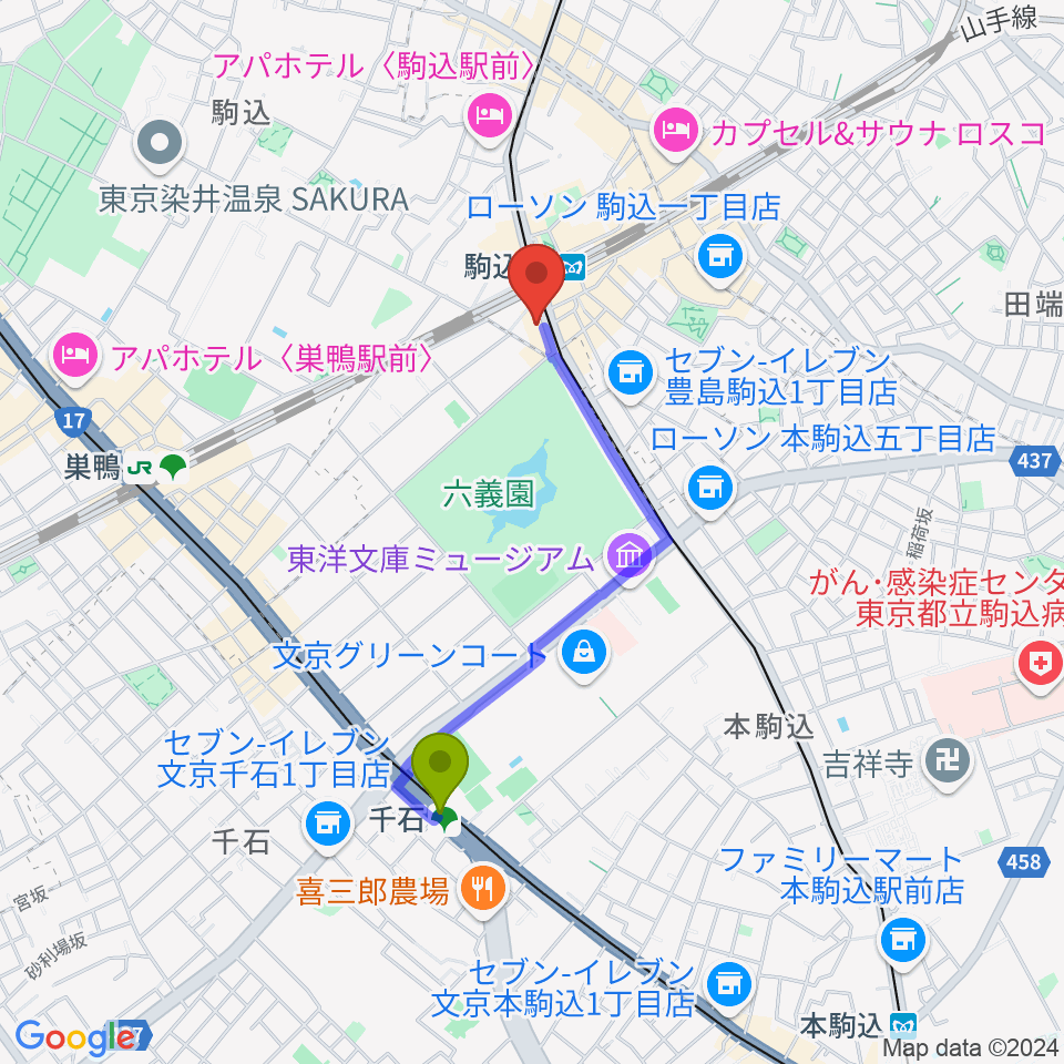 千石駅からムラーラミュージックオフィスへのルートマップ地図