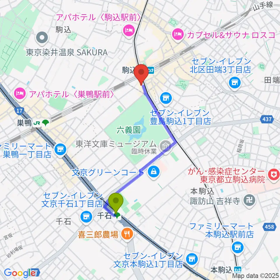 千石駅からムラーラミュージックオフィスへのルートマップ地図