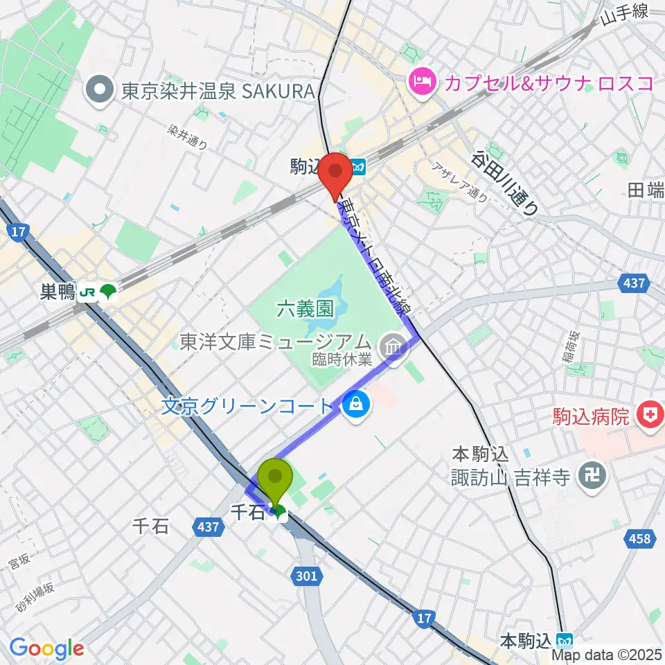 千石駅からムラーラミュージックオフィスへのルートマップ地図